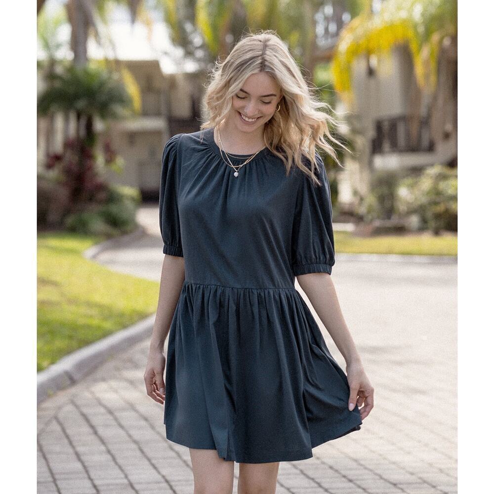 NWT Summersalt The Luxe Pima Puff-Sleeve Mini Dress Midnight Blue Size Small